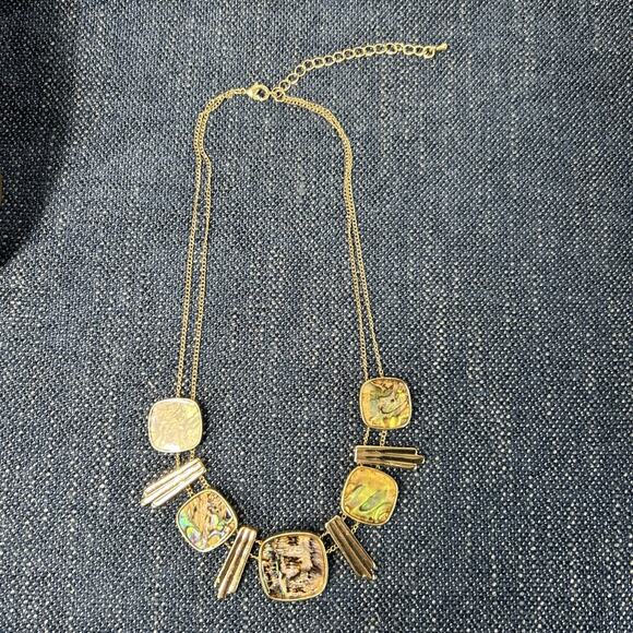 Abalone Slide Bead Necklace Gold Tone Boho 16” With 3” Extender Double Chain - Picture 6 of 10